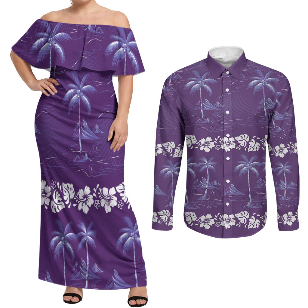 Purple Hawaii Palm Tree Hibiscus Couples Matching Off Shoulder Maxi Dress and Long Sleeve Button Shirt Fantasy Summer Vibe