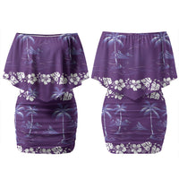 Purple Hawaii Palm Tree Hibiscus Couples Matching Off Shoulder Short Dress and Hawaiian Shirt Fantasy Summer Vibe