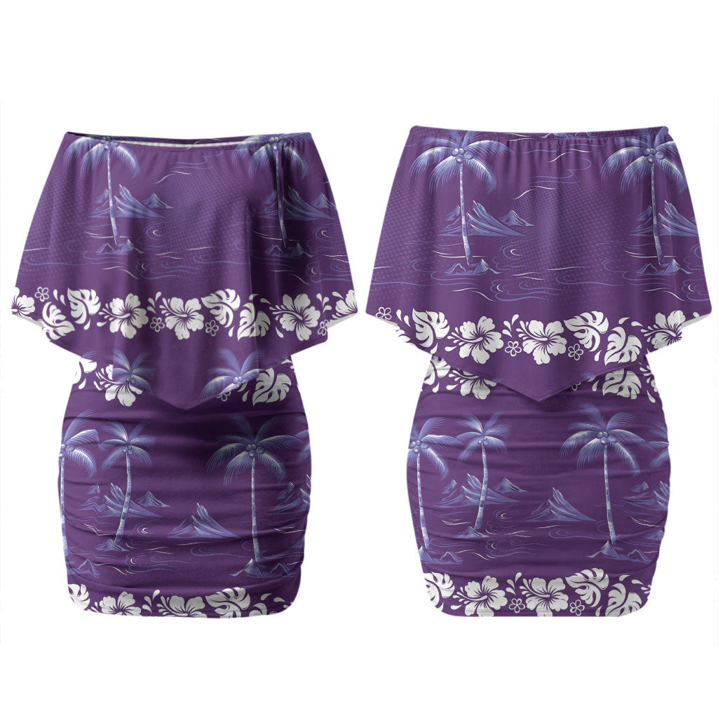Purple Hawaii Palm Tree Hibiscus Couples Matching Off Shoulder Short Dress and Long Sleeve Button Shirt Fantasy Summer Vibe