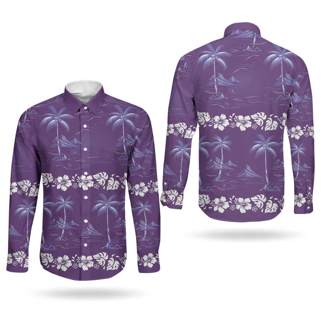 Purple Hawaii Palm Tree Hibiscus Couples Matching Off The Shoulder Long Sleeve Dress and Long Sleeve Button Shirt Fantasy Summer Vibe