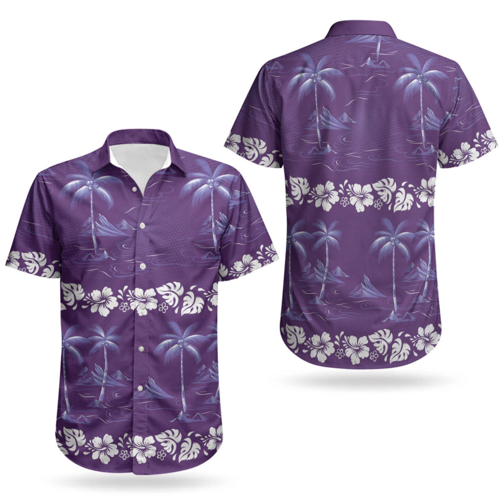 Purple Hawaii Palm Tree Hibiscus Couples Matching Puletasi and Hawaiian Shirt Fantasy Summer Vibe