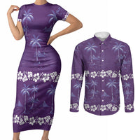 Purple Hawaii Palm Tree Hibiscus Couples Matching Short Sleeve Bodycon Dress and Long Sleeve Button Shirt Fantasy Summer Vibe