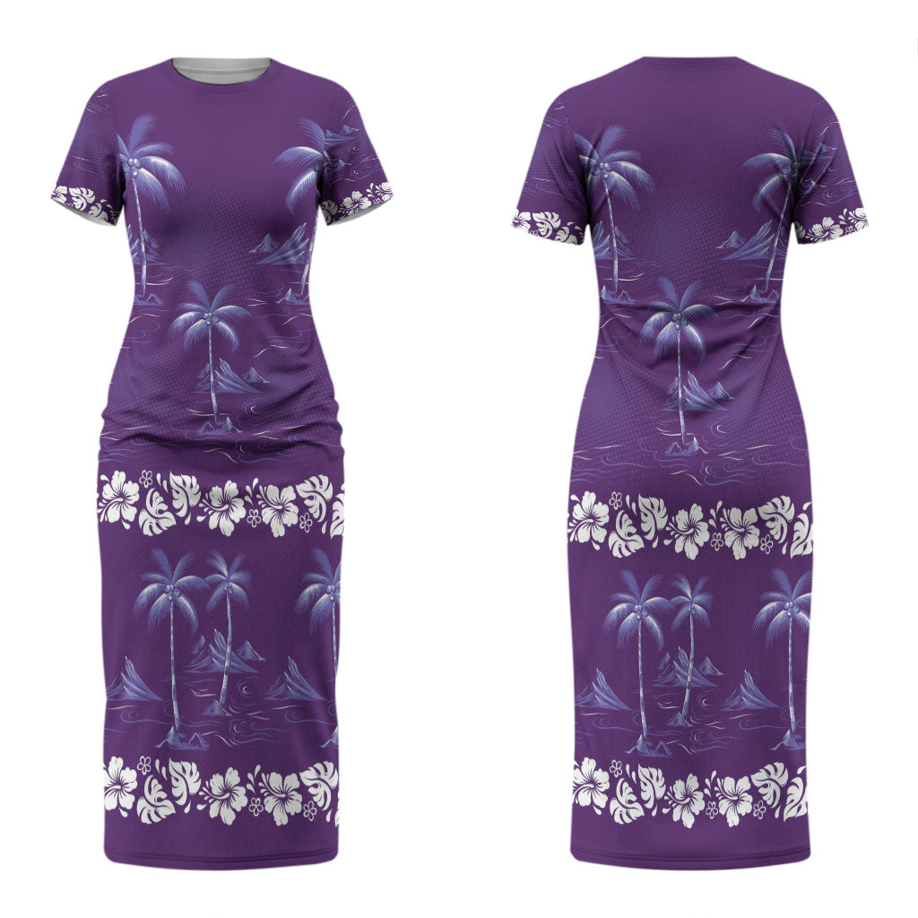 Purple Hawaii Palm Tree Hibiscus Couples Matching Short Sleeve Bodycon Dress and Long Sleeve Button Shirt Fantasy Summer Vibe