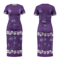 Purple Hawaii Palm Tree Hibiscus Couples Matching Short Sleeve Bodycon Dress and Long Sleeve Button Shirt Fantasy Summer Vibe