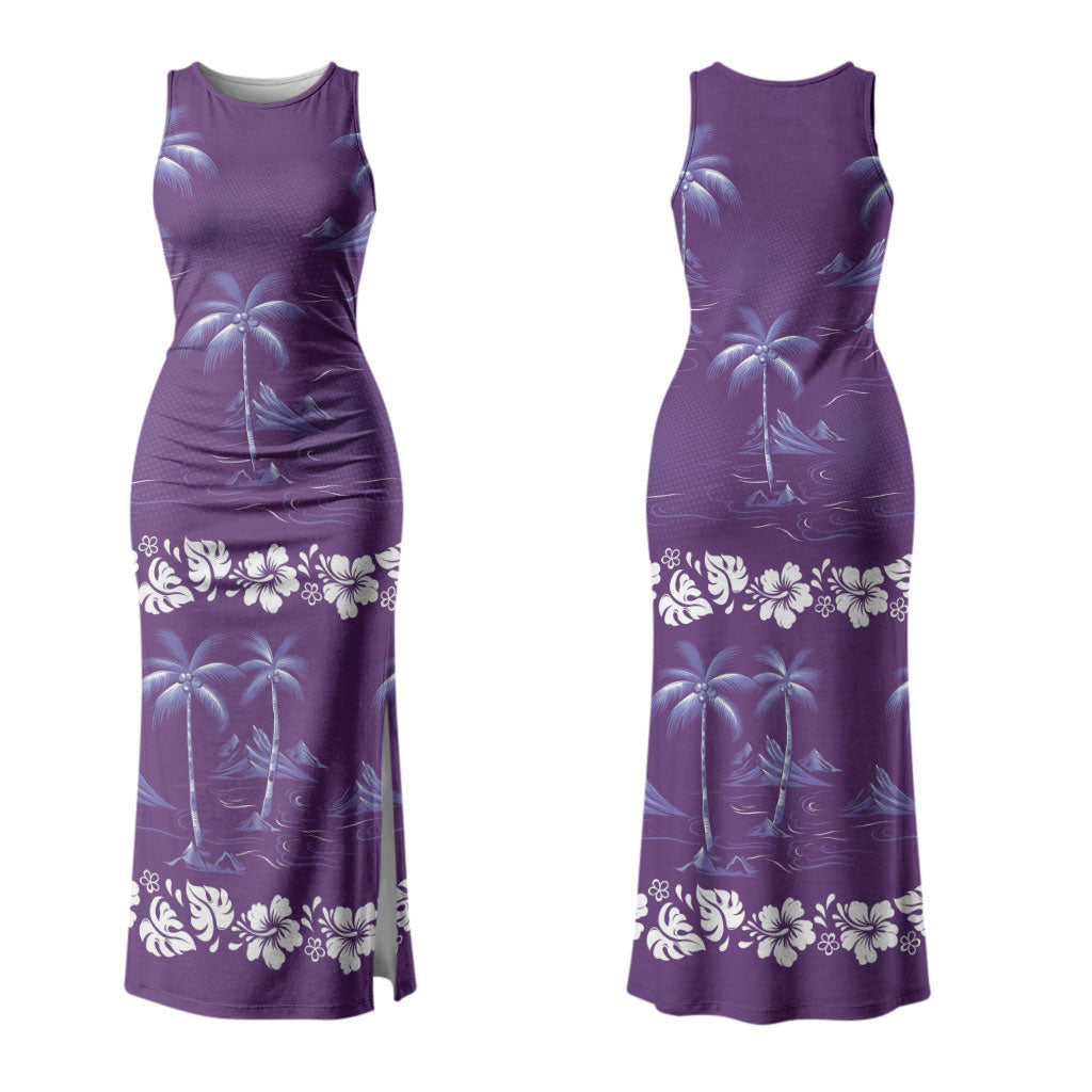 Purple Hawaii Palm Tree Hibiscus Couples Matching Tank Maxi Dress and Long Sleeve Button Shirt Fantasy Summer Vibe