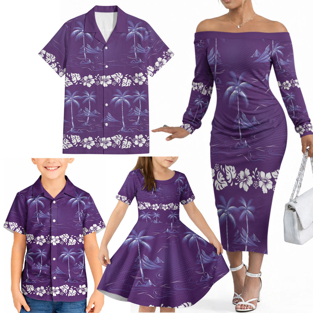 Purple Hawaii Palm Tree Hibiscus Family Matching Off The Shoulder Long Sleeve Dress and Hawaiian Shirt Fantasy Summer Vibe LT01 - Polynesian Pride