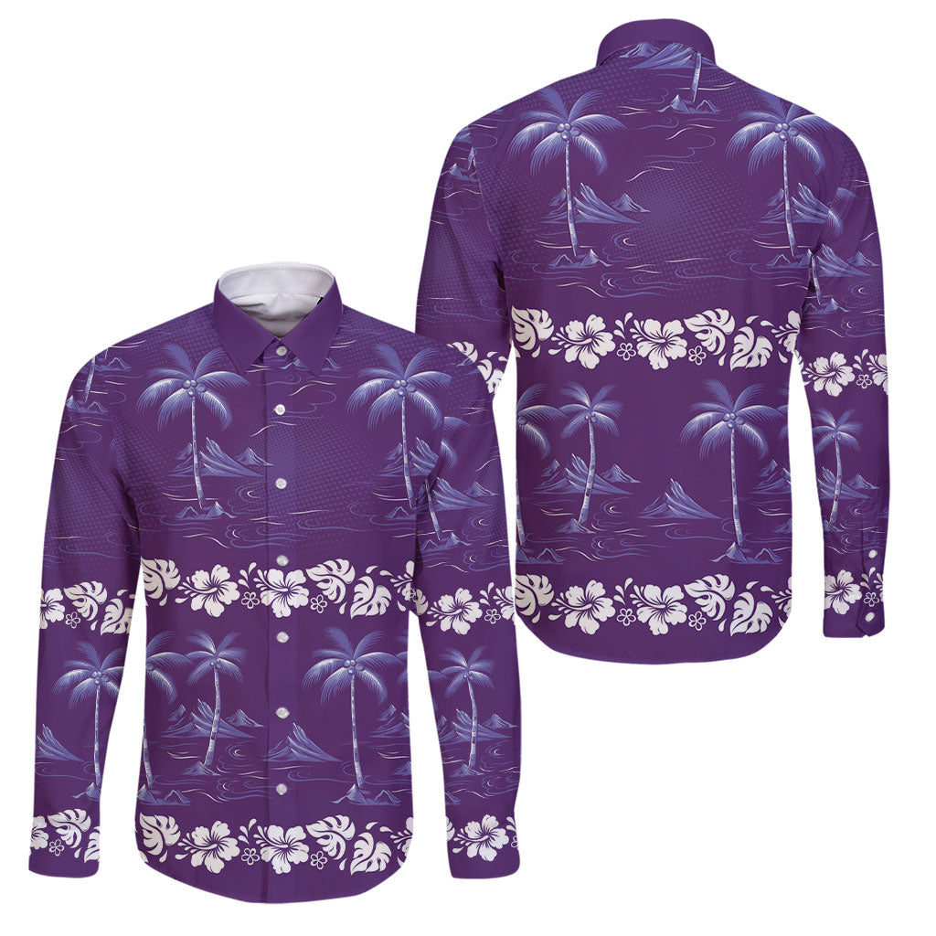 Purple Hawaii Palm Tree Hibiscus Family Matching Summer Maxi Dress and Hawaiian Shirt Fantasy Summer Vibe LT01 Dad's Shirt - Long Sleeve Purple - Polynesian Pride