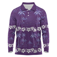 Purple Hawaii Palm Tree Hibiscus Long Sleeve Polo Shirt Fantasy Summer Vibe