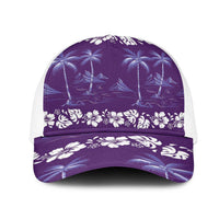 Purple Hawaii Palm Tree Hibiscus Mesh Trucker Cap Fantasy Summer Vibe LT01 One Size White Purple - Polynesian Pride
