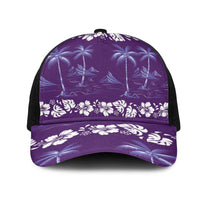 Purple Hawaii Palm Tree Hibiscus Mesh Trucker Cap Fantasy Summer Vibe LT01 One Size Black Purple - Polynesian Pride