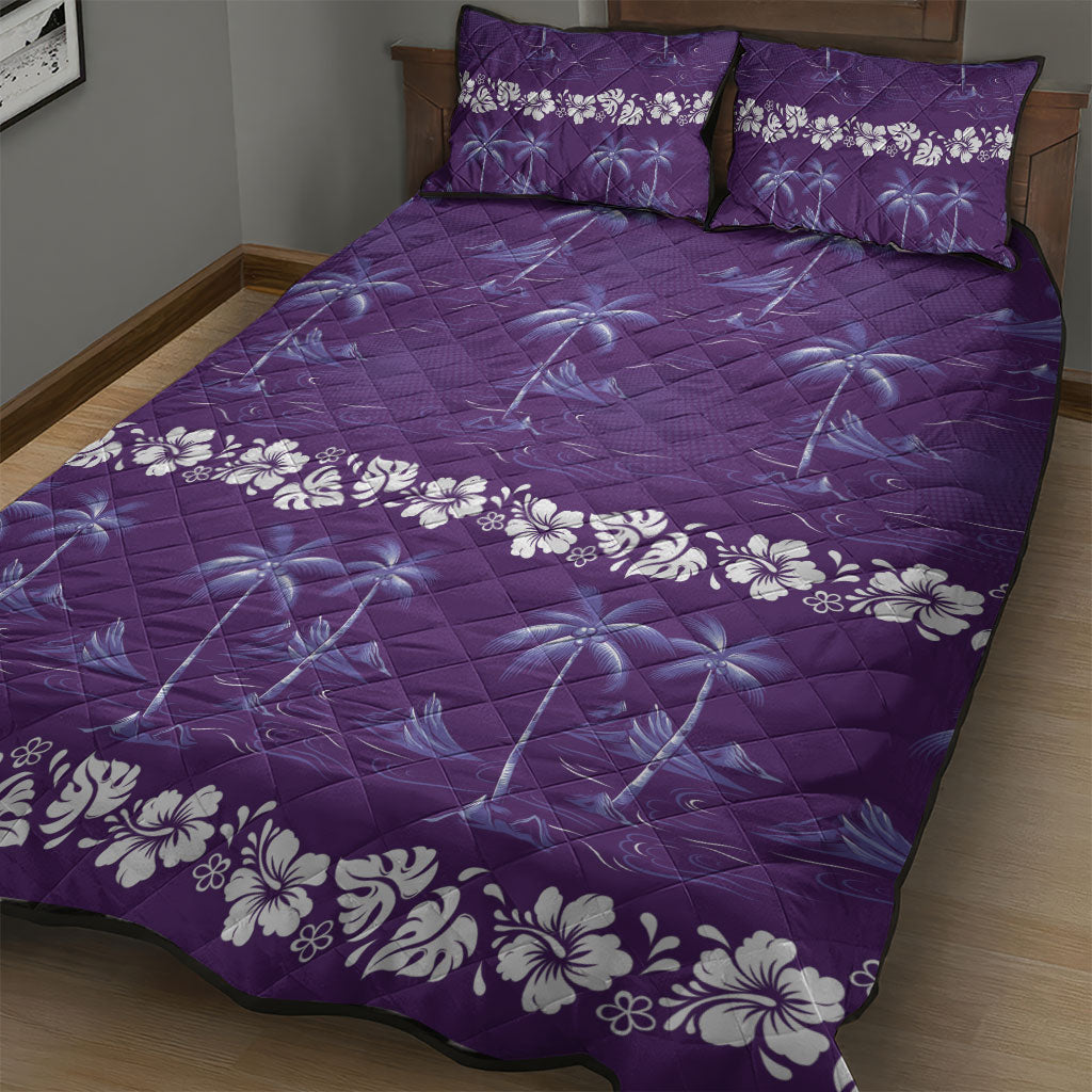 Purple Hawaii Palm Tree Hibiscus Quilt Bed Set Fantasy Summer Vibe
