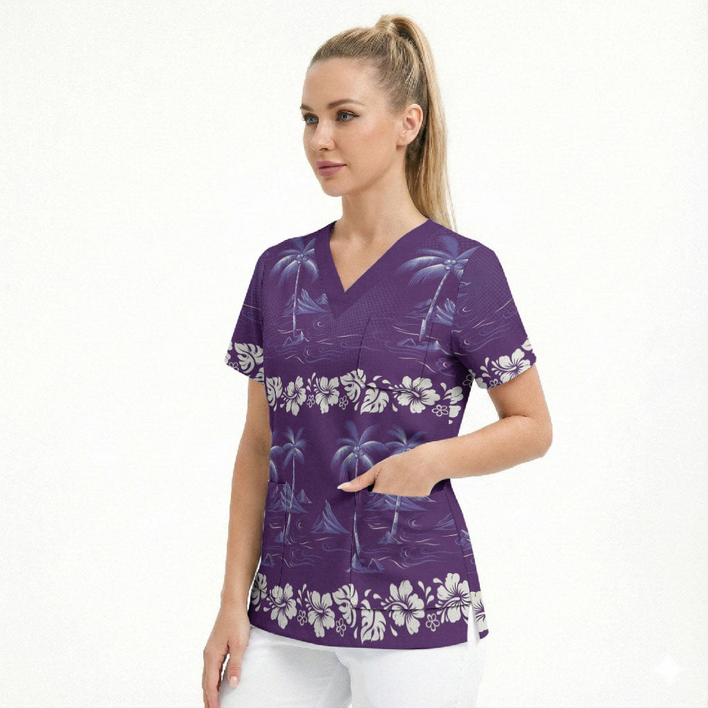 Purple Hawaii Palm Tree Hibiscus Scrub Top Fantasy Summer Vibe LT01 - Polynesian Pride