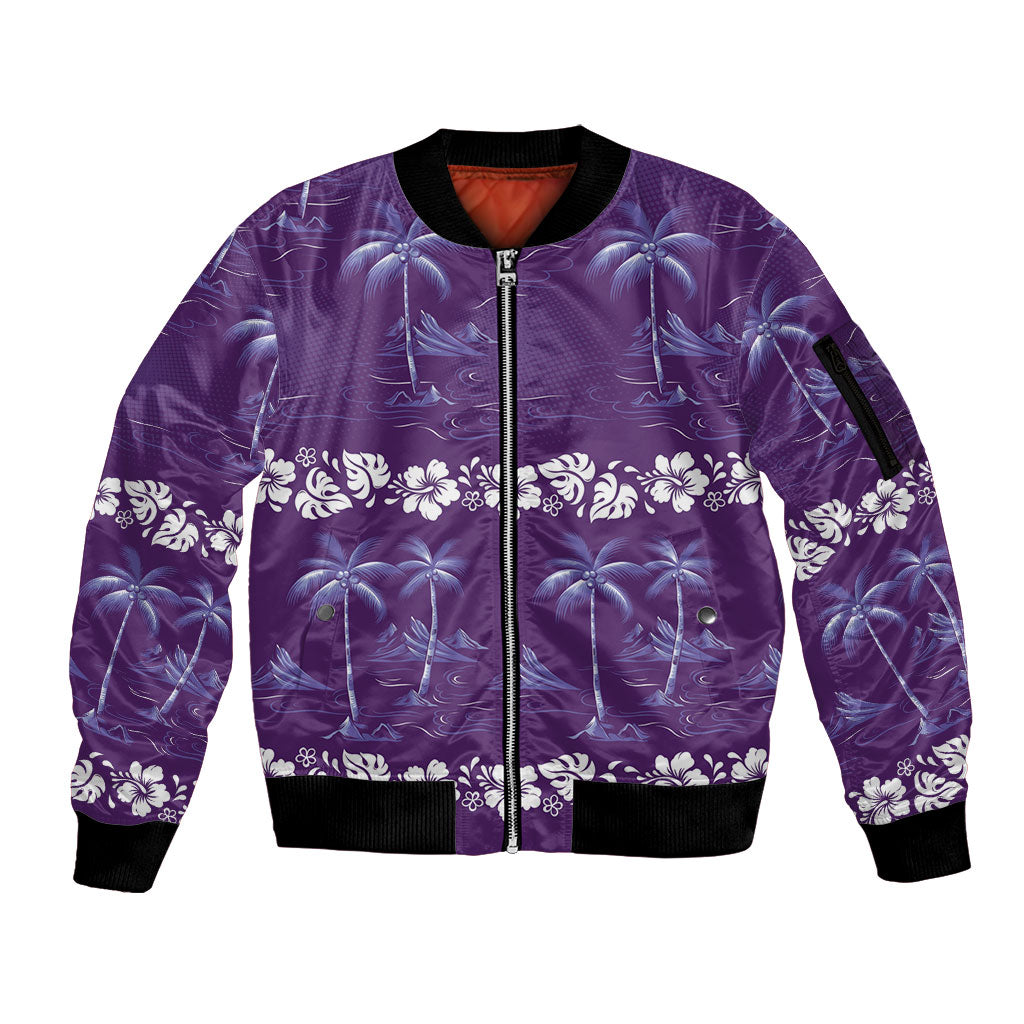 Purple Hawaii Palm Tree Hibiscus Sleeve Zip Bomber Jacket Fantasy Summer Vibe LT01 Unisex Purple - Polynesian Pride