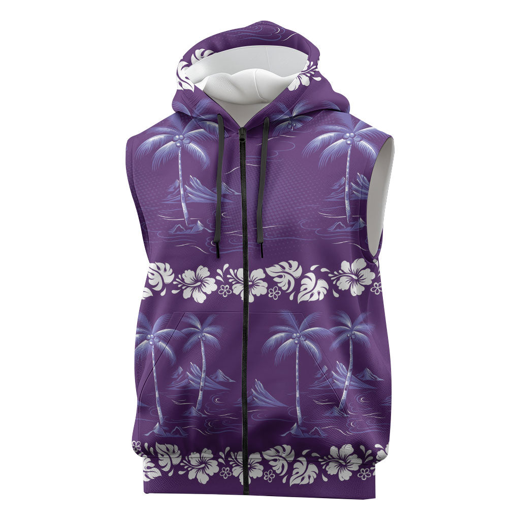 Purple Hawaii Palm Tree Hibiscus Sleeveless Zip Hoodie Fantasy Summer Vibe