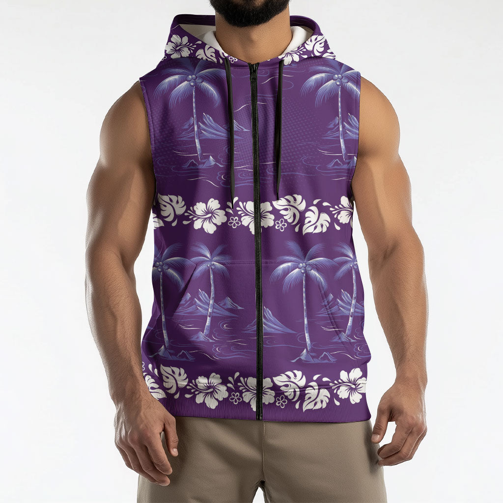 Purple Hawaii Palm Tree Hibiscus Sleeveless Zip Hoodie Fantasy Summer Vibe