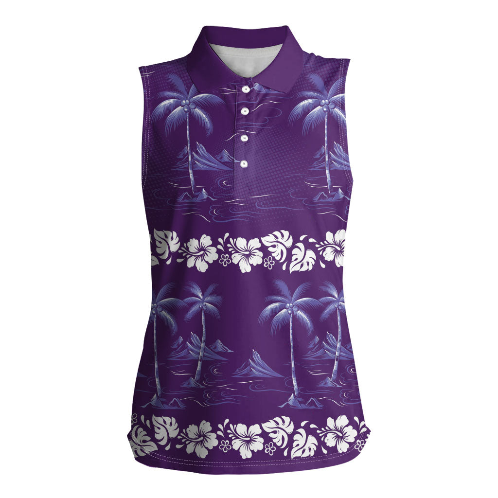 Purple Hawaii Palm Tree Hibiscus Women Sleeveless Polo Shirt Fantasy Summer Vibe