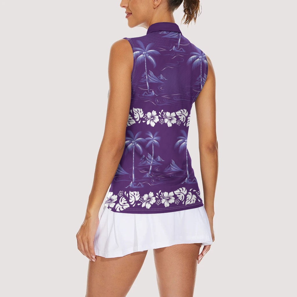 Purple Hawaii Palm Tree Hibiscus Women Sleeveless Polo Shirt Fantasy Summer Vibe