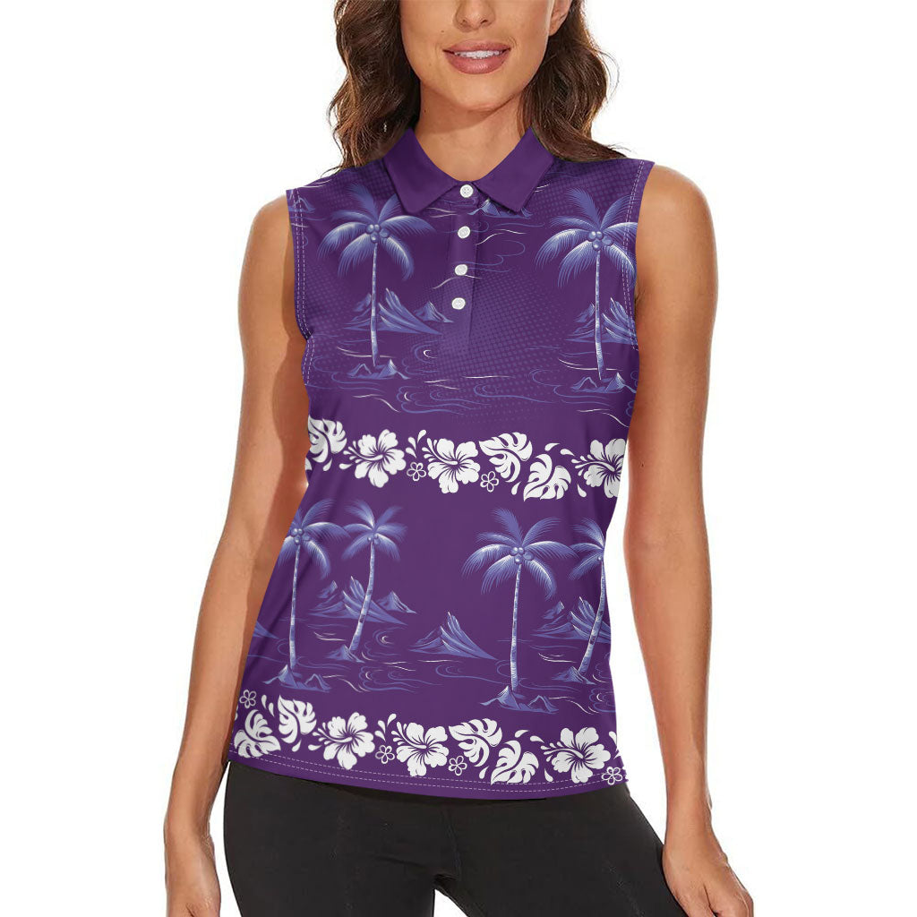 Purple Hawaii Palm Tree Hibiscus Women Sleeveless Polo Shirt Fantasy Summer Vibe