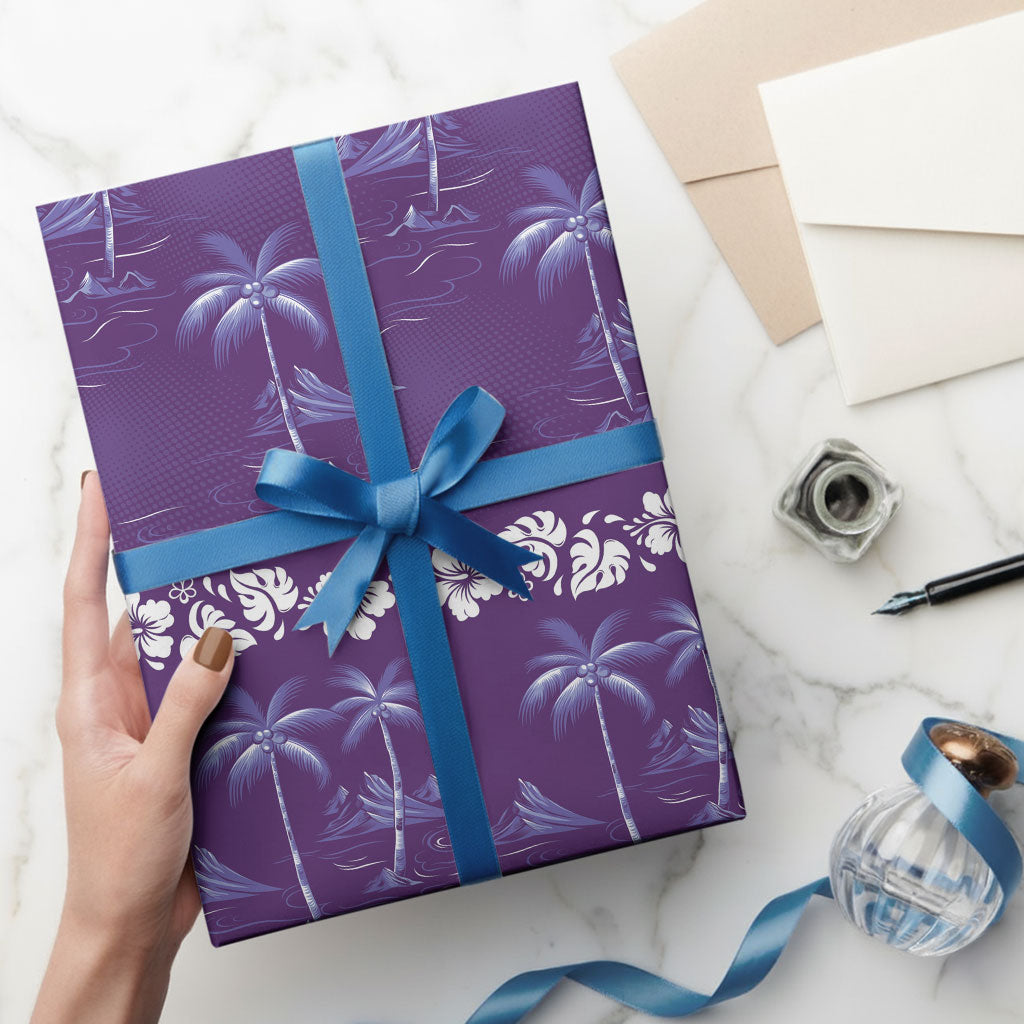 Purple Hawaii Palm Tree Hibiscus Wrapping Paper Fantasy Summer Vibe LT01 - Polynesian Pride
