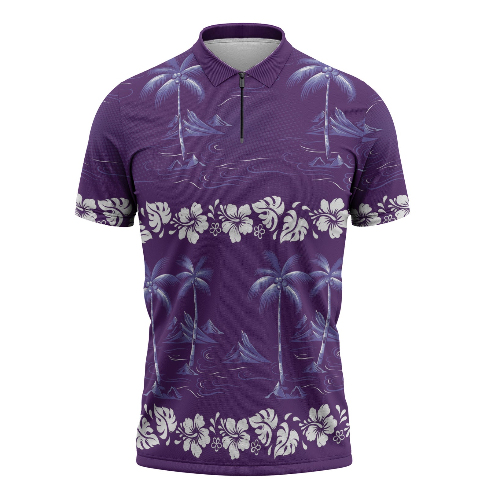 Purple Hawaii Palm Tree Hibiscus Zipper Polo Shirt Fantasy Summer Vibe LT01 Purple - Polynesian Pride