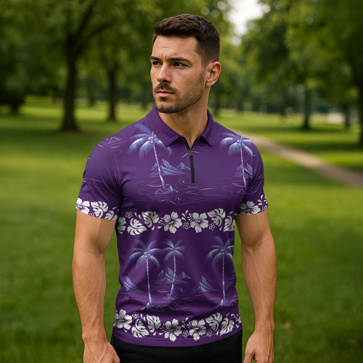 Purple Hawaii Palm Tree Hibiscus Zipper Polo Shirt Fantasy Summer Vibe