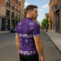 Purple Hawaii Palm Tree Hibiscus Zipper Polo Shirt Fantasy Summer Vibe