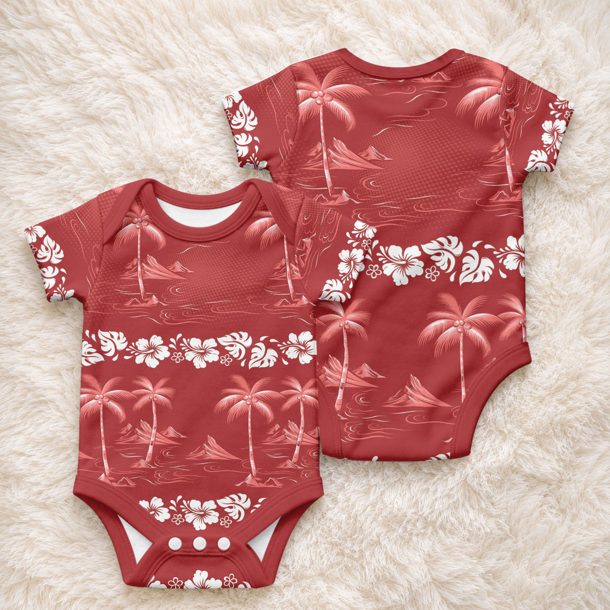 Red Hawaii Palm Tree Hibiscus Baby Onesie Fantasy Summer Vibe