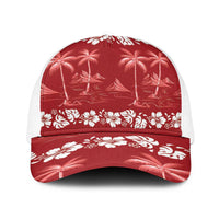 Red Hawaii Palm Tree Hibiscus Baseball Net Cap Fantasy Summer Vibe LT01 One Size White Red - Polynesian Pride