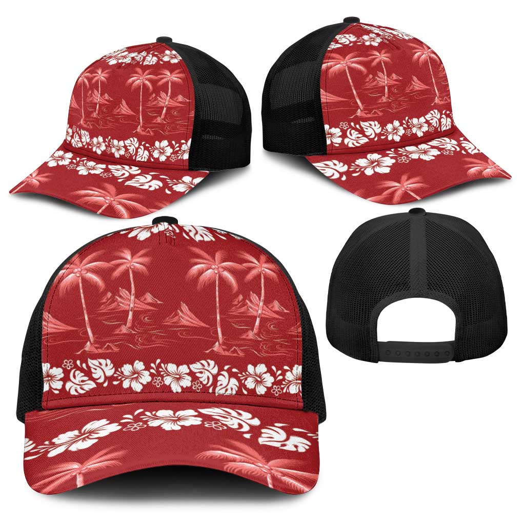 Red Hawaii Palm Tree Hibiscus Baseball Net Cap Fantasy Summer Vibe LT01 - Polynesian Pride