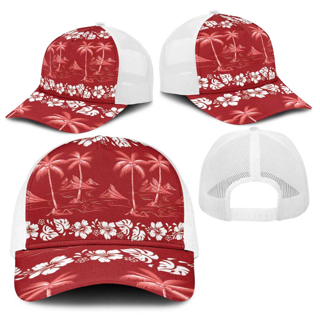 Red Hawaii Palm Tree Hibiscus Baseball Net Cap Fantasy Summer Vibe LT01 - Polynesian Pride