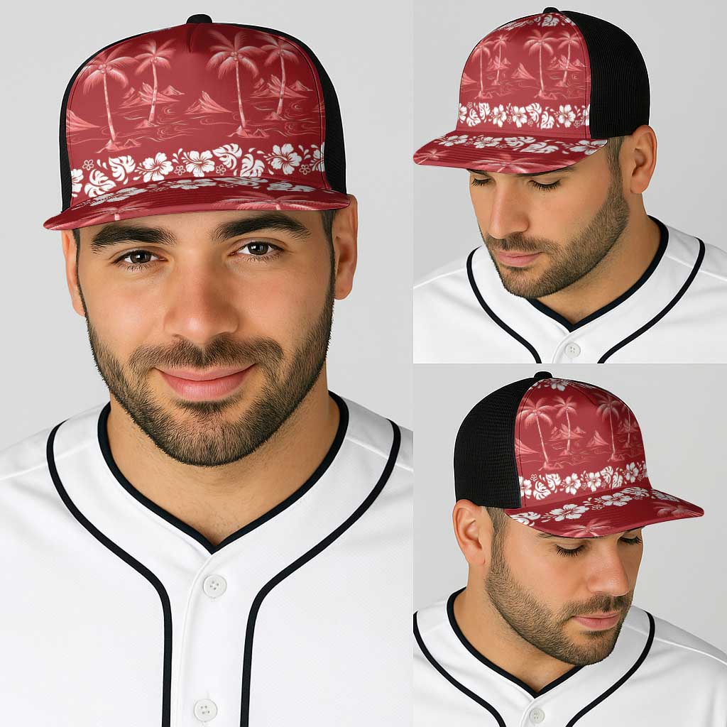 Red Hawaii Palm Tree Hibiscus Baseball Net Cap Fantasy Summer Vibe LT01 - Polynesian Pride