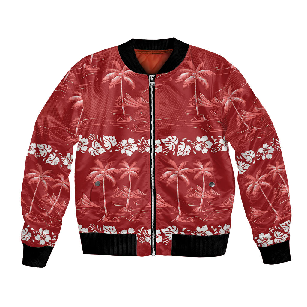 Red Hawaii Palm Tree Hibiscus Bomber Jacket Fantasy Summer Vibe LT01 Unisex Red - Polynesian Pride