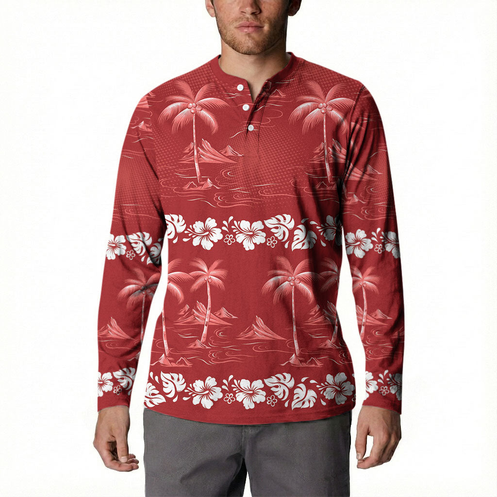 Red Hawaii Palm Tree Hibiscus Button Sweatshirt Fantasy Summer Vibe LT01 - Polynesian Pride