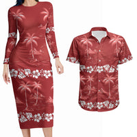 Red Hawaii Palm Tree Hibiscus Couples Matching Long Sleeve Bodycon Dress and Hawaiian Shirt Fantasy Summer Vibe