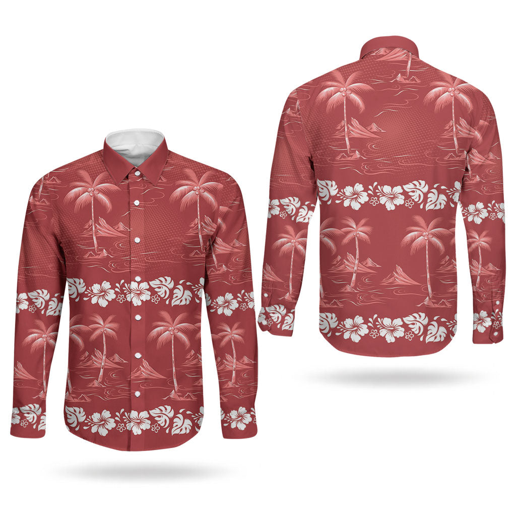 Red Hawaii Palm Tree Hibiscus Couples Matching Long Sleeve Bodycon Dress and Long Sleeve Button Shirt Fantasy Summer Vibe