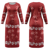 Red Hawaii Palm Tree Hibiscus Couples Matching Long Sleeve Bodycon Dress and Long Sleeve Button Shirt Fantasy Summer Vibe
