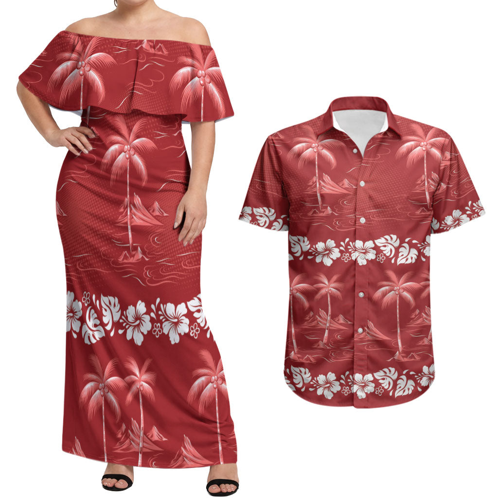 Red Hawaii Palm Tree Hibiscus Couples Matching Off Shoulder Maxi Dress and Hawaiian Shirt Fantasy Summer Vibe