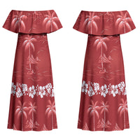 Red Hawaii Palm Tree Hibiscus Couples Matching Off Shoulder Maxi Dress and Hawaiian Shirt Fantasy Summer Vibe