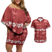Red Hawaii Palm Tree Hibiscus Couples Matching Off Shoulder Short Dress and Hawaiian Shirt Fantasy Summer Vibe