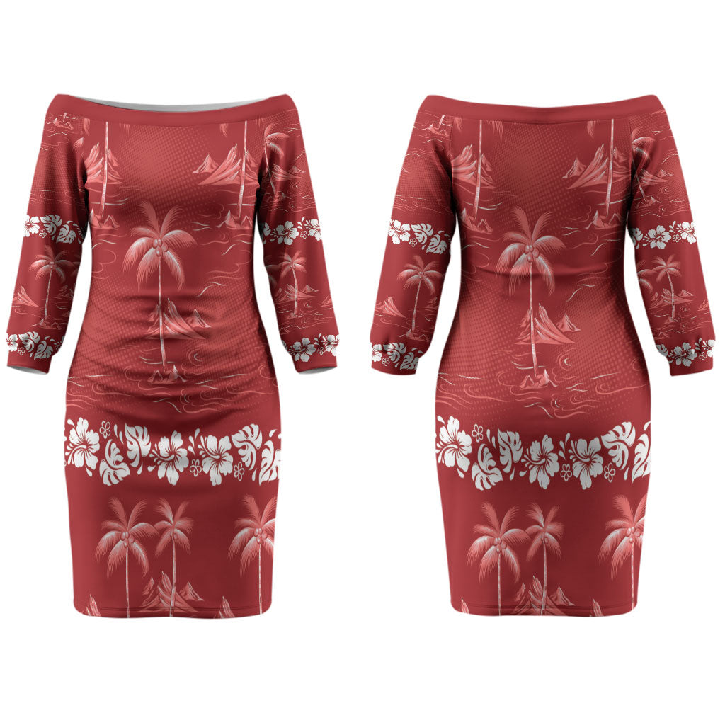 Red Hawaii Palm Tree Hibiscus Couples Matching Off The Shoulder Long Sleeve Dress and Hawaiian Shirt Fantasy Summer Vibe