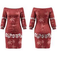 Red Hawaii Palm Tree Hibiscus Couples Matching Off The Shoulder Long Sleeve Dress and Hawaiian Shirt Fantasy Summer Vibe