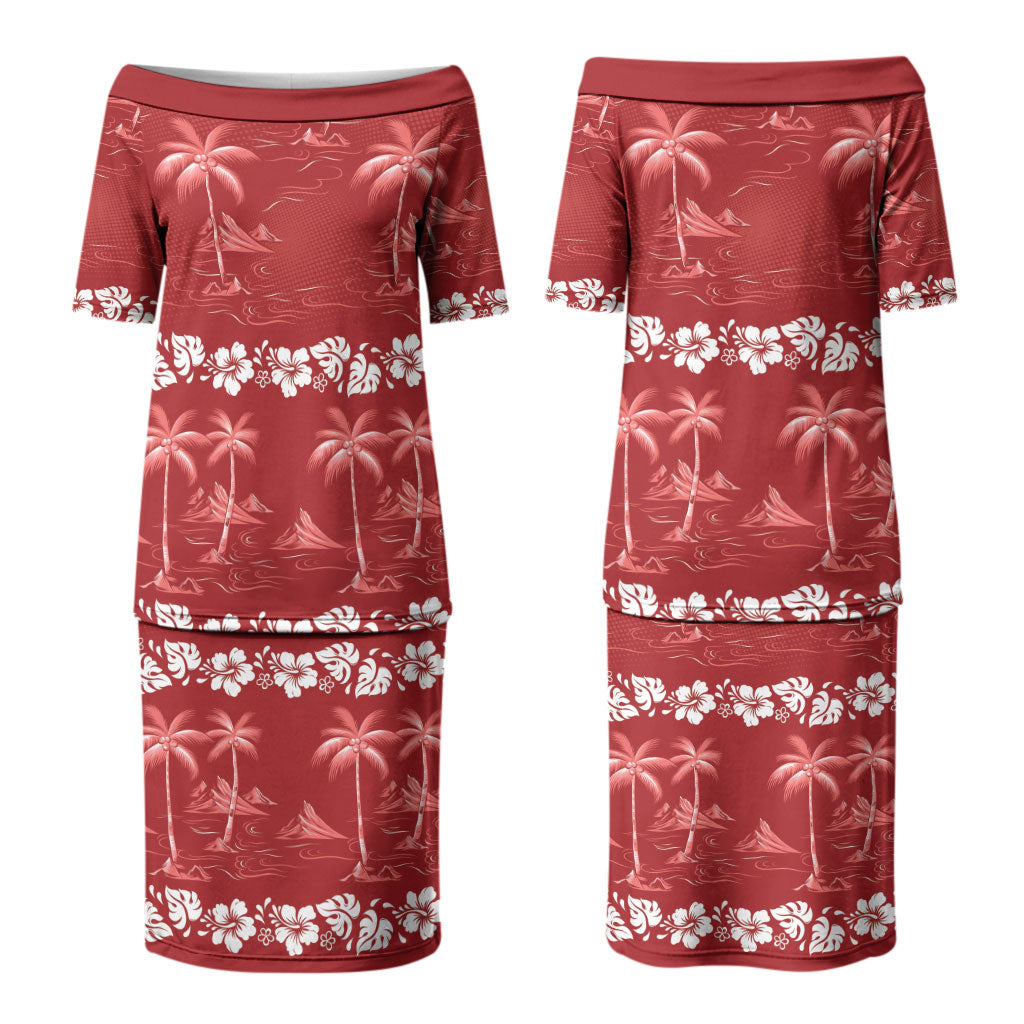 Red Hawaii Palm Tree Hibiscus Couples Matching Puletasi and Long Sleeve Button Shirt Fantasy Summer Vibe