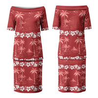 Red Hawaii Palm Tree Hibiscus Couples Matching Puletasi and Long Sleeve Button Shirt Fantasy Summer Vibe