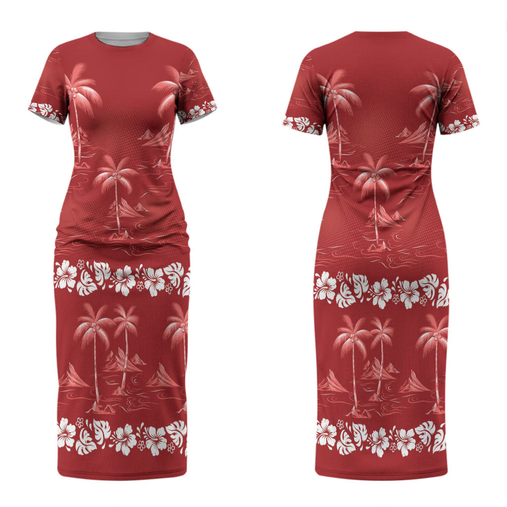 Red Hawaii Palm Tree Hibiscus Couples Matching Short Sleeve Bodycon Dress and Long Sleeve Button Shirt Fantasy Summer Vibe