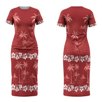 Red Hawaii Palm Tree Hibiscus Couples Matching Short Sleeve Bodycon Dress and Long Sleeve Button Shirt Fantasy Summer Vibe