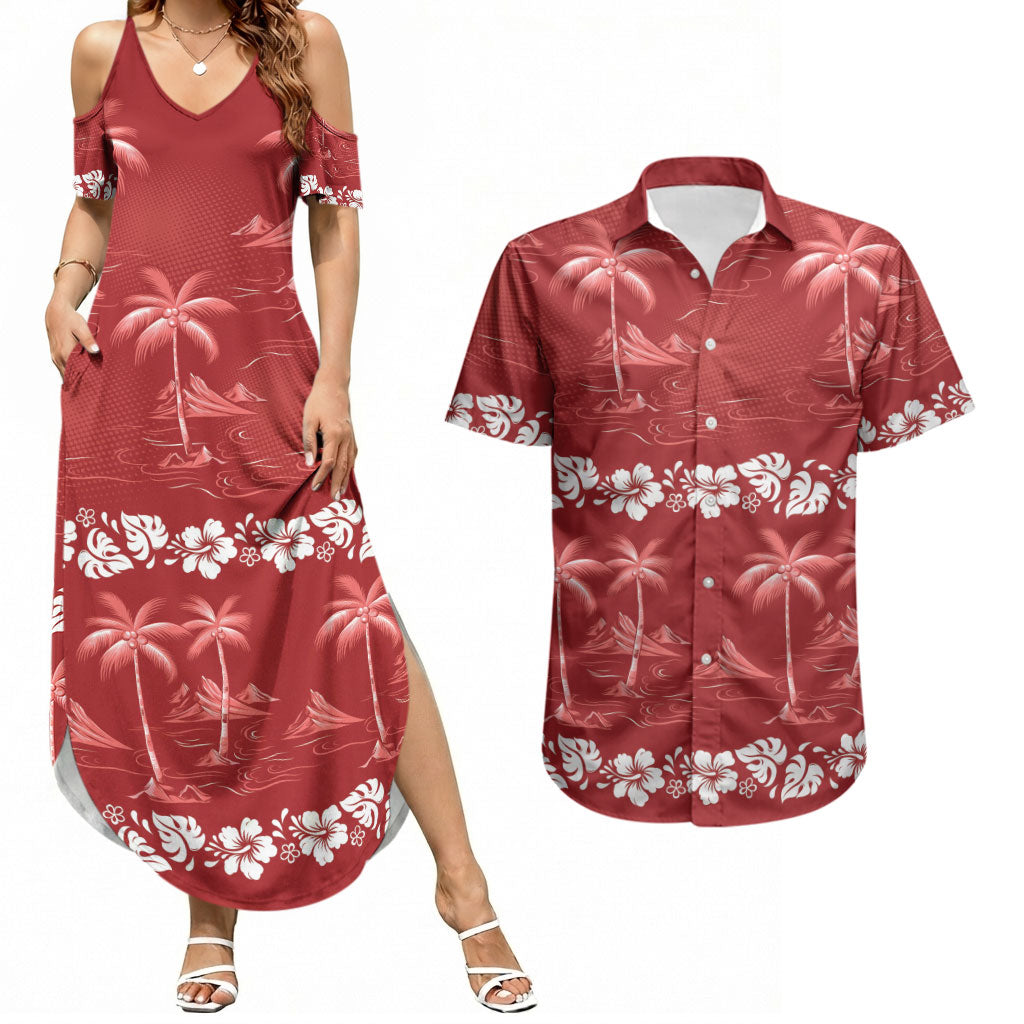 Red Hawaii Palm Tree Hibiscus Couples Matching Summer Maxi Dress and Hawaiian Shirt Fantasy Summer Vibe