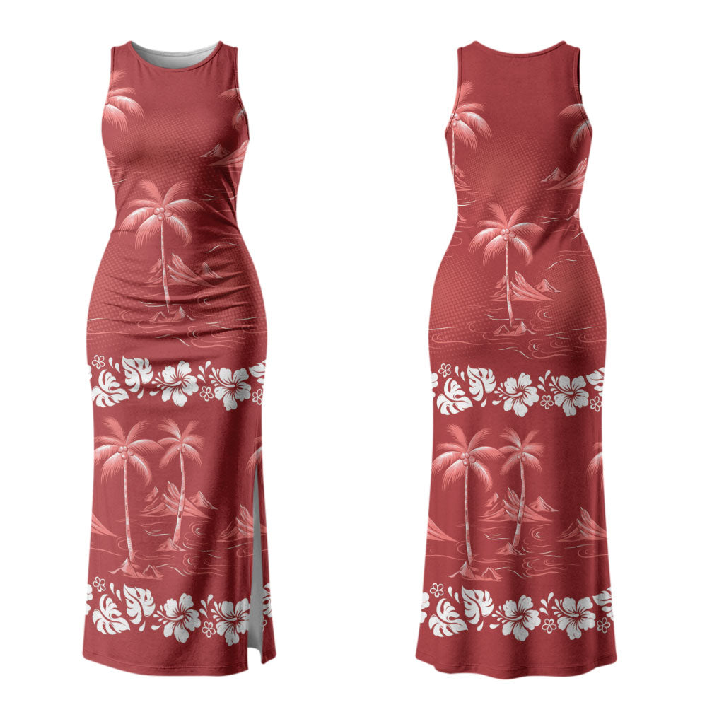 Red Hawaii Palm Tree Hibiscus Couples Matching Tank Maxi Dress and Hawaiian Shirt Fantasy Summer Vibe