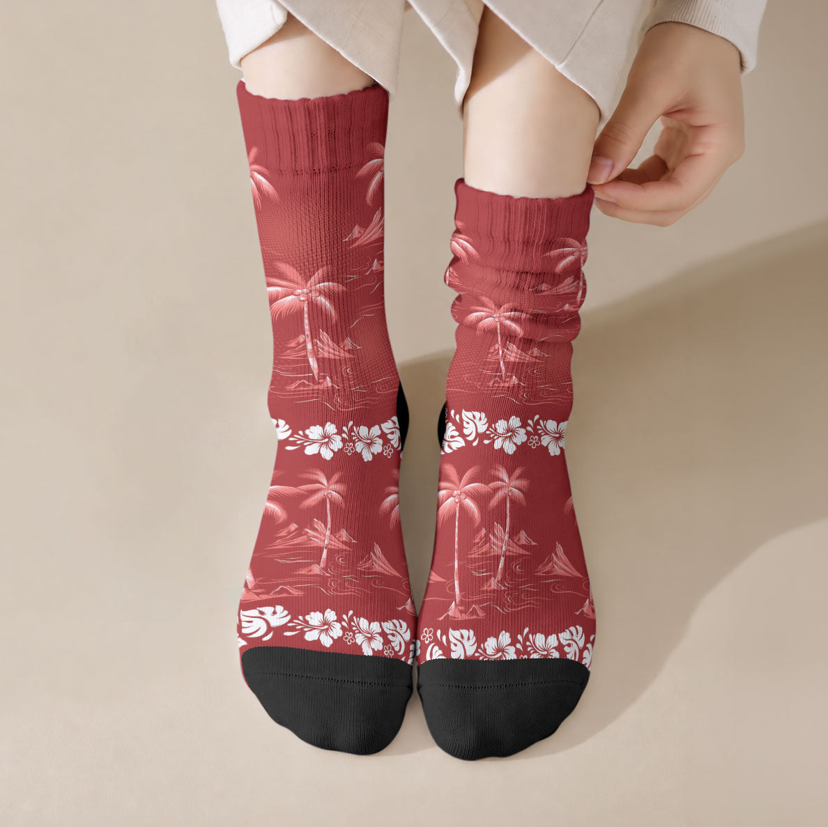 Red Hawaii Palm Tree Hibiscus Crew Socks Fantasy Summer Vibe