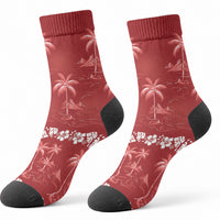 Red Hawaii Palm Tree Hibiscus Crew Socks Fantasy Summer Vibe