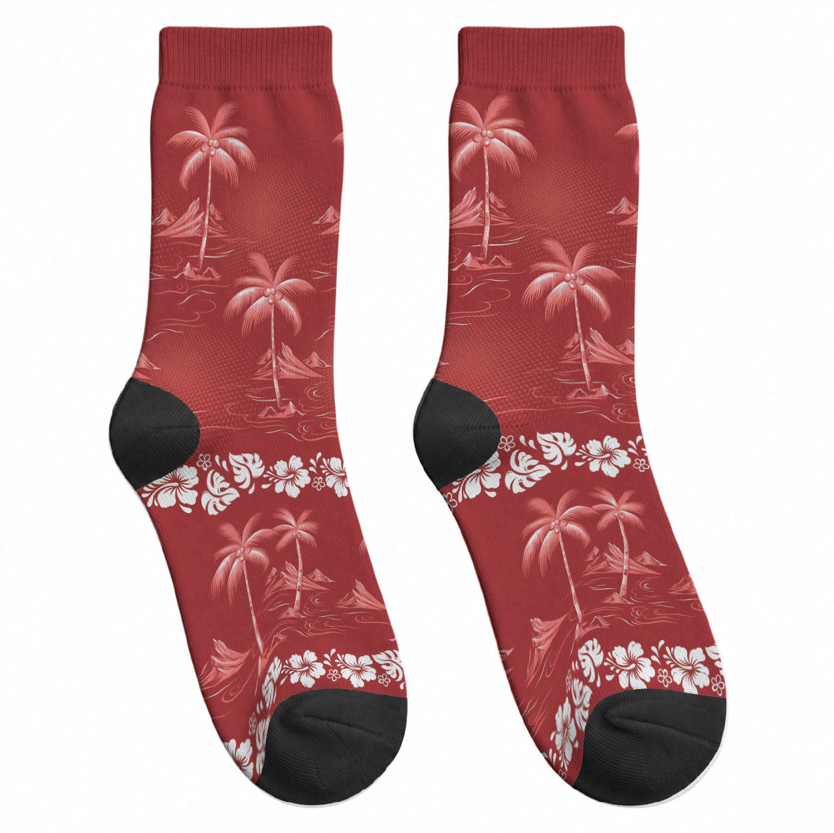 Red Hawaii Palm Tree Hibiscus Crew Socks Fantasy Summer Vibe